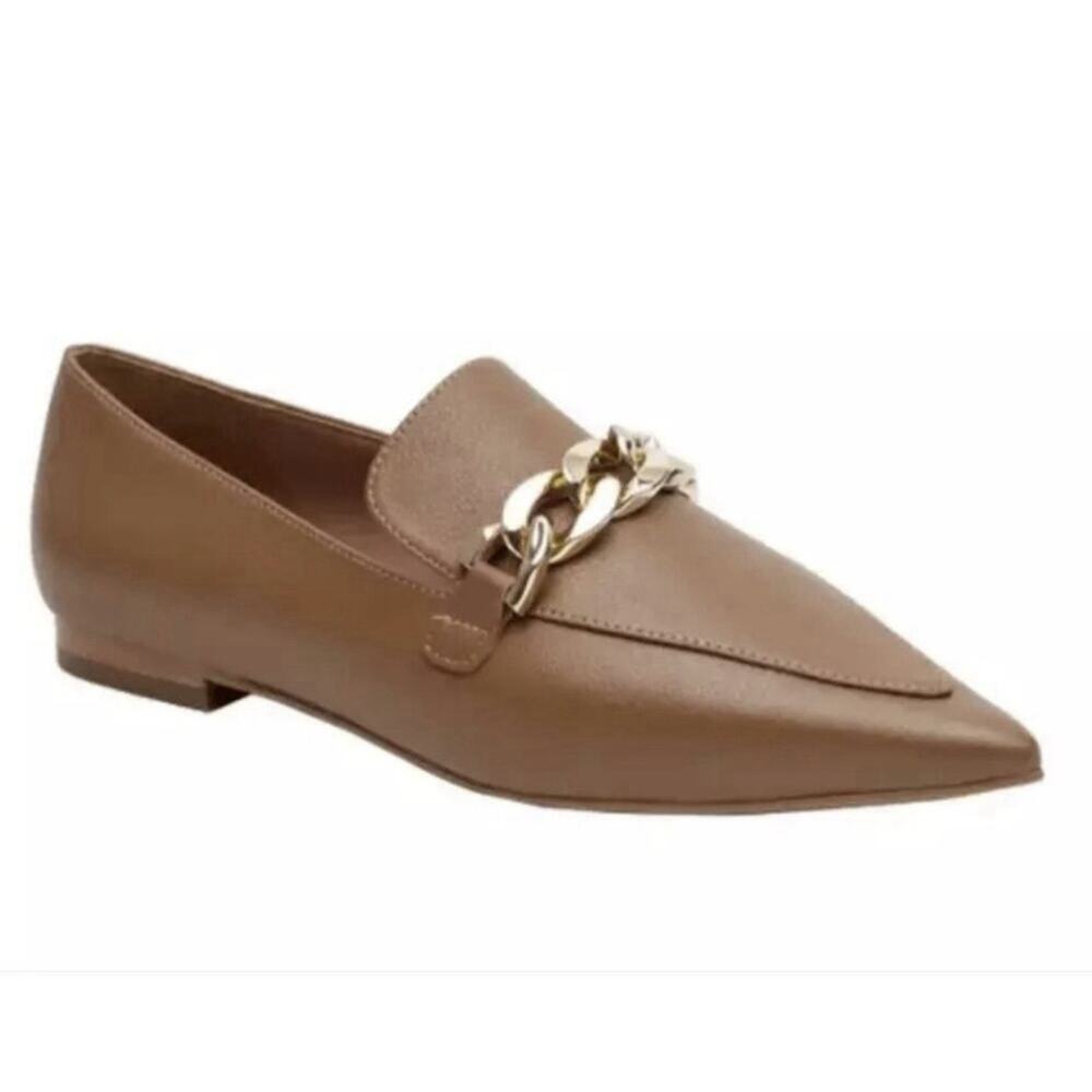 Linea Paolo Mabel Loafers 6.5 / 6 Tan Pointed Toe Gold Chain Quiet Luxury Chic
